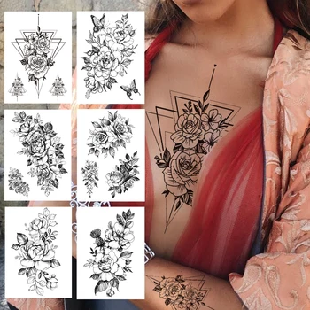 Geomeetriline Lill Ajutiste Tätoveeringute Naiste Jaoks Tüdrukud Pojeng Liblikas Rose Tattoo Kleebis Must Võltsitud Kolmnurk Suur Tatoos Rinnal Käsi