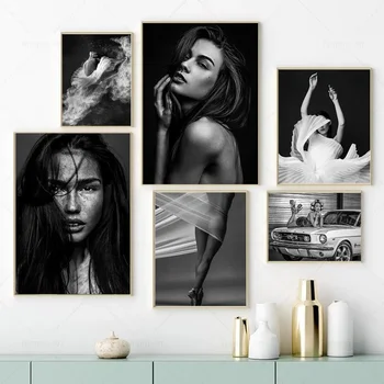 Must ja Valge Fotograafia Plakat Seina Art Lõuend Maali Lady Fashion Joonis Prindib Põhjamaade Ühiselamu Pilt Home Decor