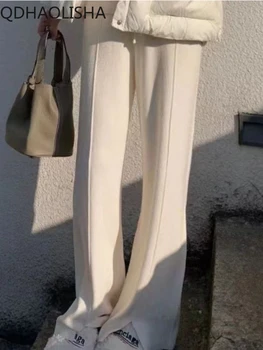 Naiste Elegantsed Püksid Autumer Talvel Lai Jalg Sirge Püksid Elastsus Kõrge Waisted Slim Korea Silmkoelised Paks Lahti Soojad Püksid